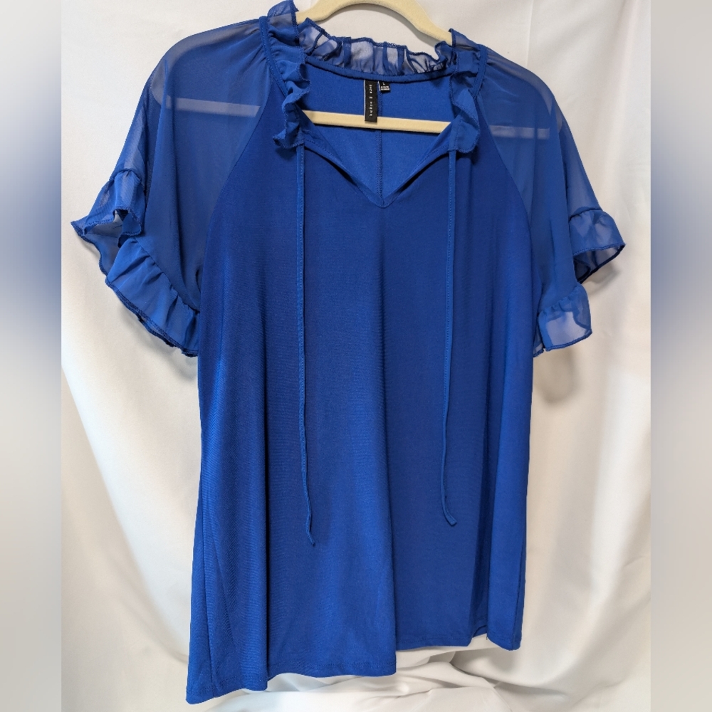Sale Price Royal Blue Sheer Sleeve Pop Up Colar Women's blouse top. Zero 2 Eight - Picture 11 of 16
